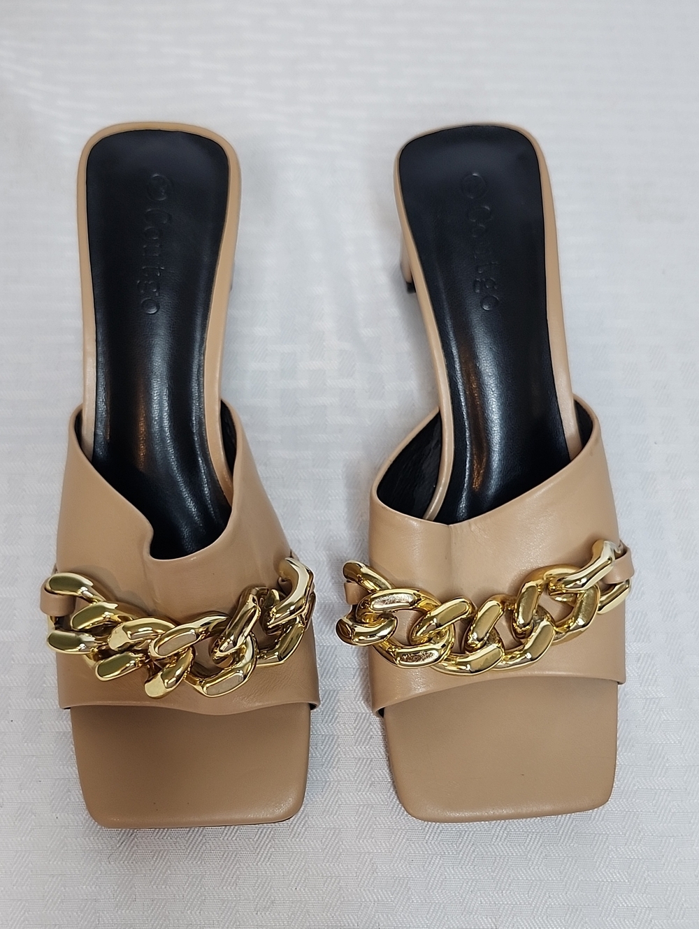 Coutgo Tan Square Toe Heeled Mules Sandals Gold Chain Accent 7.5